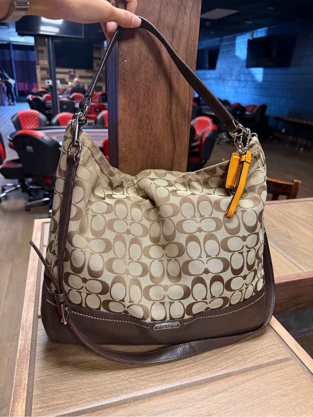 Coach Khaki and Brown Signature Canvas Shoulder Bag with Yellow Tag